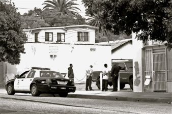 This is what stopping youth or men of color often looks like, regardless of the reason for the stop. Mikey, Jonathan, and George/Jorge were frisked for weapons on Ave. 50 and York Blvd. in Highland Park in 2013 while waiting for friends. Sahra Sulaiman/LA Streetsblog