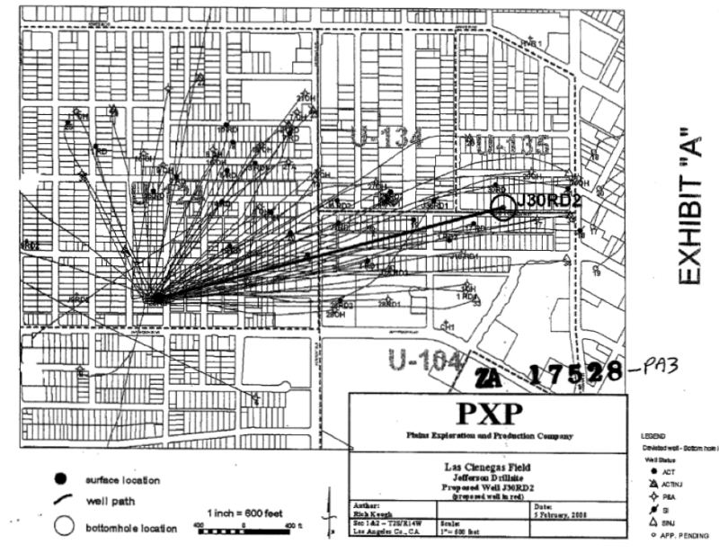 Pipelines emanating from the drill site at Jefferson/Budlong in South Los Angeles run under many homes in the neighborhood, just skirting the USC campus. Both this site and the Murphy site (on Adams, near Western) have nearly 30 active wells on them, apiece.