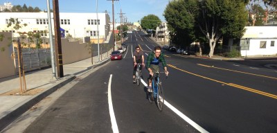 At safety advocates urging, the L.A. Neighborhood Council Coalition has backed off of a anti-road-diet motion. Pictured is the First Street road diet in Koreatown. Photo: Joe Linton/Streetsblog L.A.