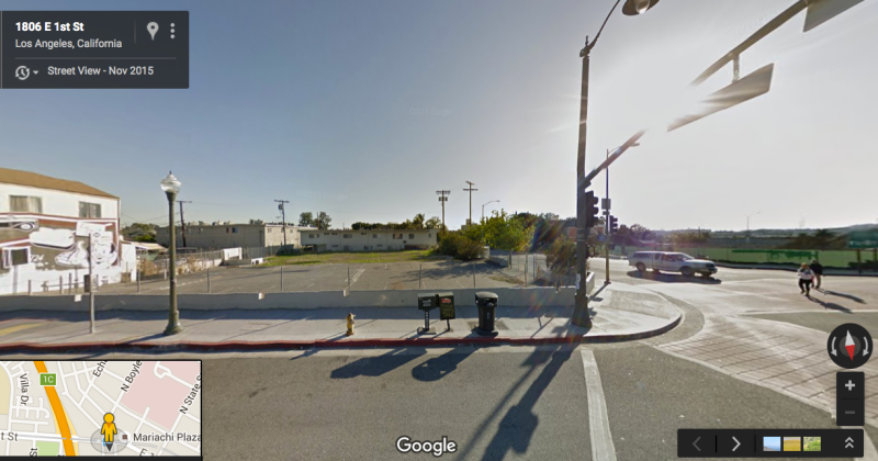 The lot at 1st and Boyle. to the right (across Boyle), an affordable housing project is being built. At a lot adjacent to Mariachi Plaza (where image was taken from) development will like come in the form of housing and commercial retail space. (Google maps)