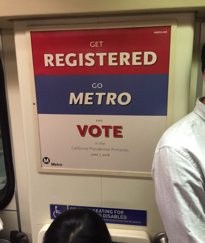 Metro is expected to provide free rides on election day. Pictured is a 2016 Metro subway voting ad. Photo: Joe Linton/Streetsblog L.A.