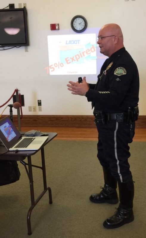 LAPD's Troy Williams speaking in 2016 on need for speed surveys. Photo: Joe Linton/Streetsblog L.A.