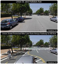 Pasadena's planned Union Street Cycle Track is among 21 L.A. County bike/ped projects to receive CA ATP funding. Images via Pasadena DOT