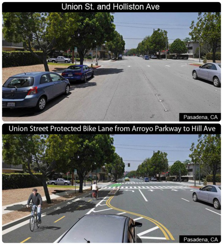 Pasadena's planned Union Street Cycle Track is among 21 L.A. County bike/ped projects to receive CA ATP funding. Images via Pasadena DOT