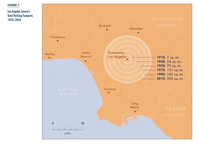 The growth of L.A. County parking, currently 14 percent of county land. Image via Access magazine.