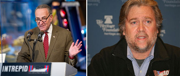 Imagine all the Trump signs marking projects that get tax breaks from the infrastructure plan Steve Bannon is pushing for. Schumer photo: NASA/Bill Ingalls/Wikimedia Commons; Bannon photo: Don Irvine/Wikimedia Commons