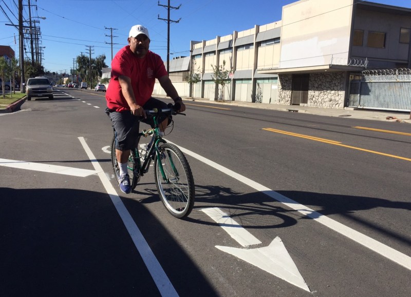 Cyclists are riding the nearly complete bike lanes on Fletcher Drive. All photos: Joe Linton/Streetsblog L.A.