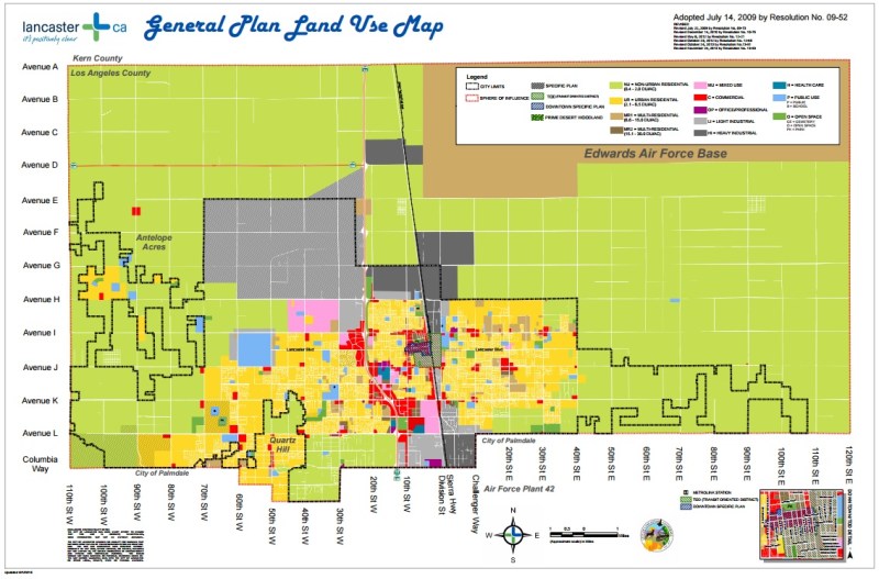 Lancaster's commerical zones (in red) no longer require city-mandated minimum parking