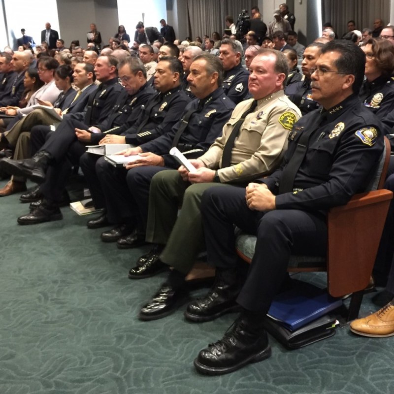 Seated in the front row at today's Metro board meeting are LAPD Chief Charlie Beck, LA County Sheriff Jim McDonnell, and LBPD Chief Robert Luna. Photo: Joe Linton/Streetsblog L.A.