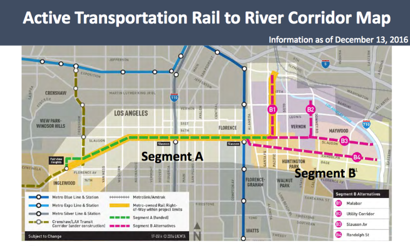 Segment A of the Rail-to-River bike and pedestrian path will run along the Slauson corridor (in green), between the Crenshaw and Blue Lines. Source: Metro