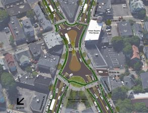 At this irregular intersection in Cambridge, the city plans to improve safety with what the locals call a "peanutabout." Image via Boston Cyclists Union