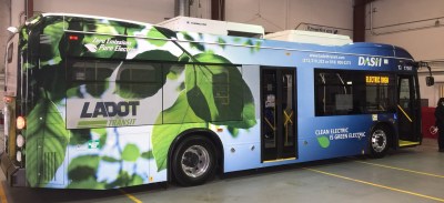 This week, the L.A. approved LADOT bus electrification by 2030. Photo of LADOT's first  electric DASH bus earlier this year - by Joe Linton/Streetsblog L.A.