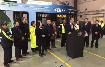 L.A. transportation leaders introducing LADOT's first electric bus. Photos: Joe Linton/Streetsblog L.A.