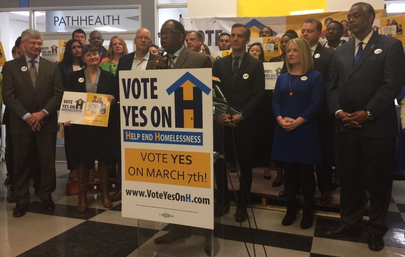 County Supervisor Mark Ridley-Thomas opens the Yes on Measure H kickoff event this morning. Photo: Joe Linton/Streetsblog L.A.