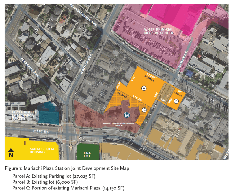 The Mariachi Plaza lots (at center, in orange) and some of the surrounding area. Depending on how the lots are developed, the section of Bailey Street between the two lots could be incorporated into the project as a pedestrian plaza. Source: Development Guidelines, Metro/Gwynne Pugh Urban Studio/Perkins + Will/DakeLuna