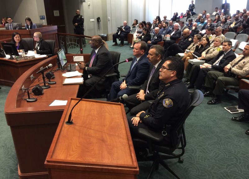 Left to right, Metro security director Alex Wiggins, LA County Sheriff Jim McDonnell, LAPD Chief Charlie Beck, and LBPD Chief Robert Luna testifying in support of Metro's ballooning $646 million transit policing contract. Photos: Joe Linton/Streetsblog L.A.