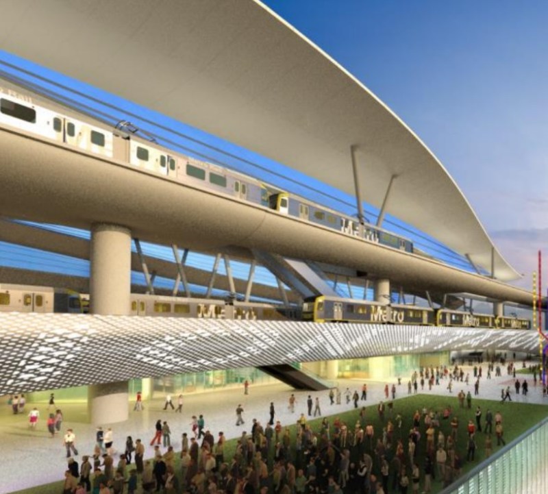 Preliminary rendering of future double-deck light rail tracks at Union Station, with the Gold Line below the future West Santa Ana Branch rail. Image via Metro staff presentation