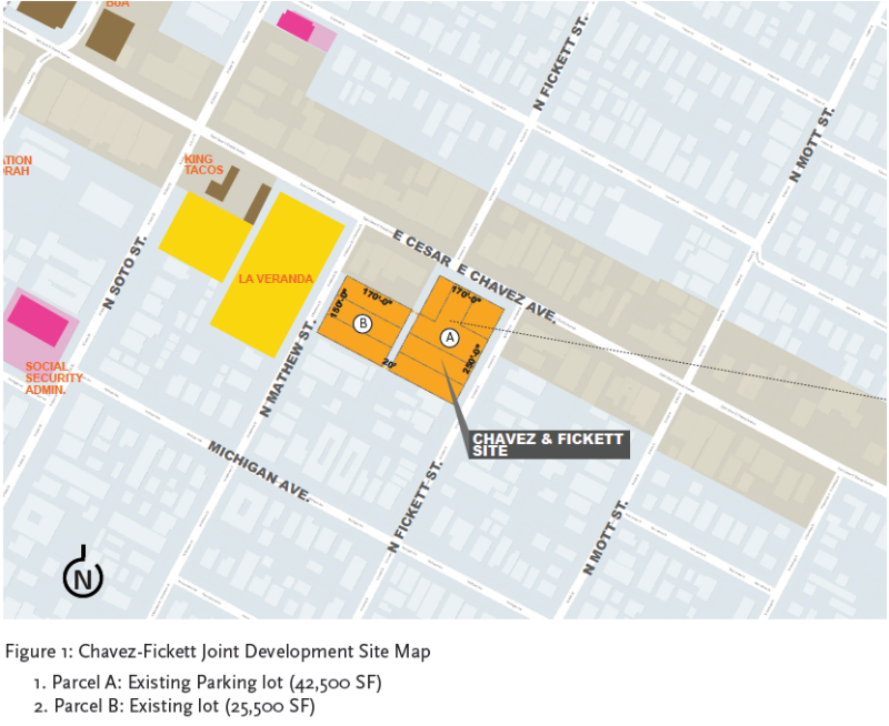 The lots at Cesar Chavez and Fickett, where Metro hopes to see community-serving affordable housing, retail, green space, art space, and a grocery. Source: Metro Development Guidelines.