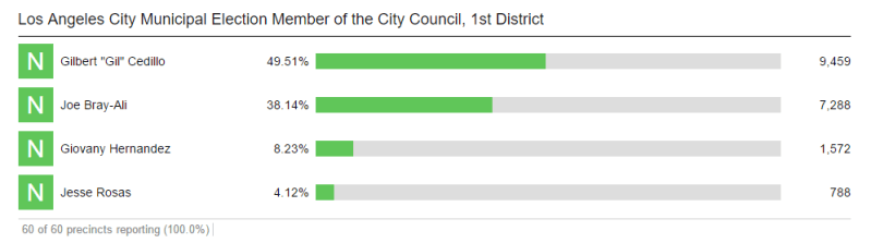 Council District 1 election tallies as of press time - screen grab via lavote.net