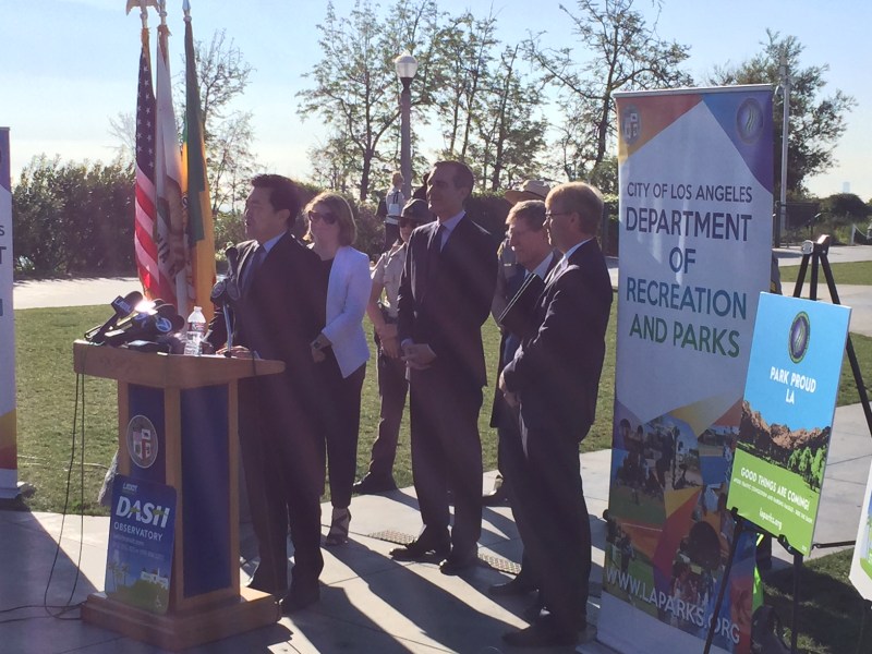 L.A. City Councilmember David Ryu speaks at this morning's DASH service announcement in front of Griffith Observatory. Photo by Kathleen Smith