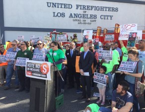 This afternoon's "five alarm fire" rally against Measure S. Photo: Joe Linton/Streetsblog L.A.
