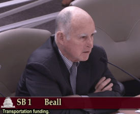 Governor Jerry Brown stumps for the transportation funding package at the capitol. Image: Screengrab from Senate TV