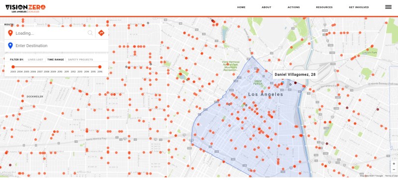 Screen shot of L.A.'s new Vision Zero map