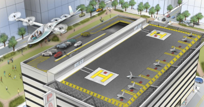 Uber's vision of the future, in which the people in cities and towns below look like tiny little ants. Image: Uber