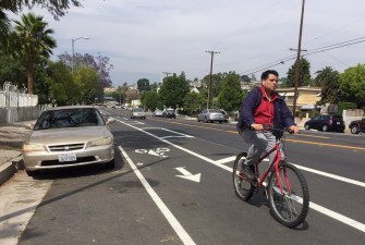 Recently reconfigured bike lanes on Monterey Road in Northeast L.A. Photos by Joe Linton/Streetsblog L.A.
