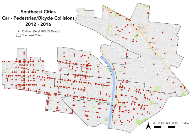 Bike and pedestrian collisions from the last few years in the Southeast Cities. Data source, TIMS, Image Source: Urban Health Strategies
