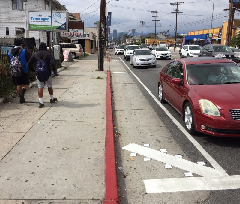 LADOT has installed new painted curb extensions along Vermont Avenue in Pico-Union. The above extension is at Venice Blvd. All photos by Joe Linton/Streetsblog L.A.