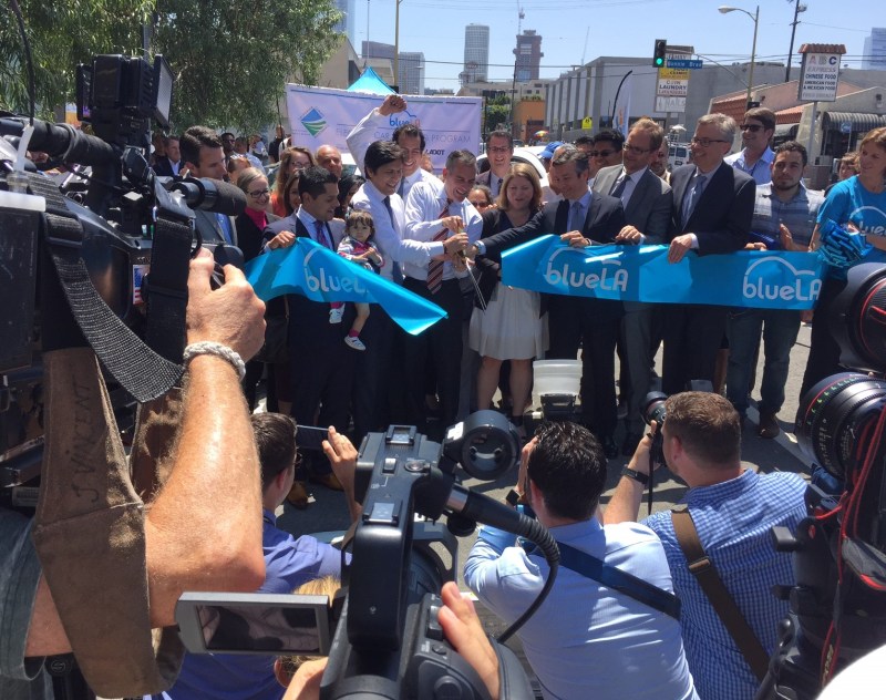 Leaders cut the ribbon on L.A.'s new electric car-share program for disadvantaged communities. All photos: Joe Linton/Streetsblog L.A.