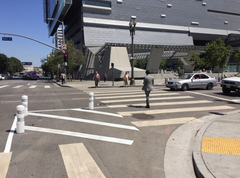 Pedestrian safety improvements at Main and First Streets in downtown Los Angeles. Photos by Joe Linton/Streetsblog L.A.