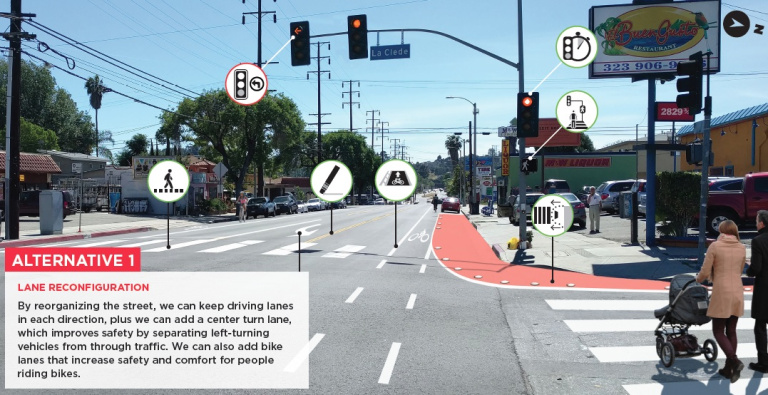 Under consideration for Fletcher Drive is this alternative 1 which includes road diet bike lanes. LADOT image via Walk Eagle Rock