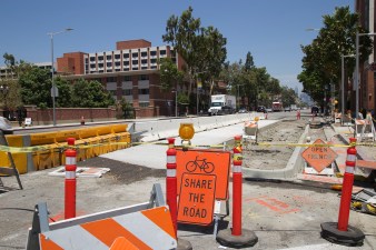 At Figueroa and Expo, a bus island takes shape. Sahra Sulaiman/Streetsblog L.A.