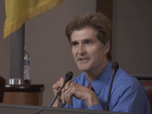 California Transportation Commissioner Carl Guardino questions California Bicycle Coalition representative Jared Sanchez. Image: Screengrab from CTC