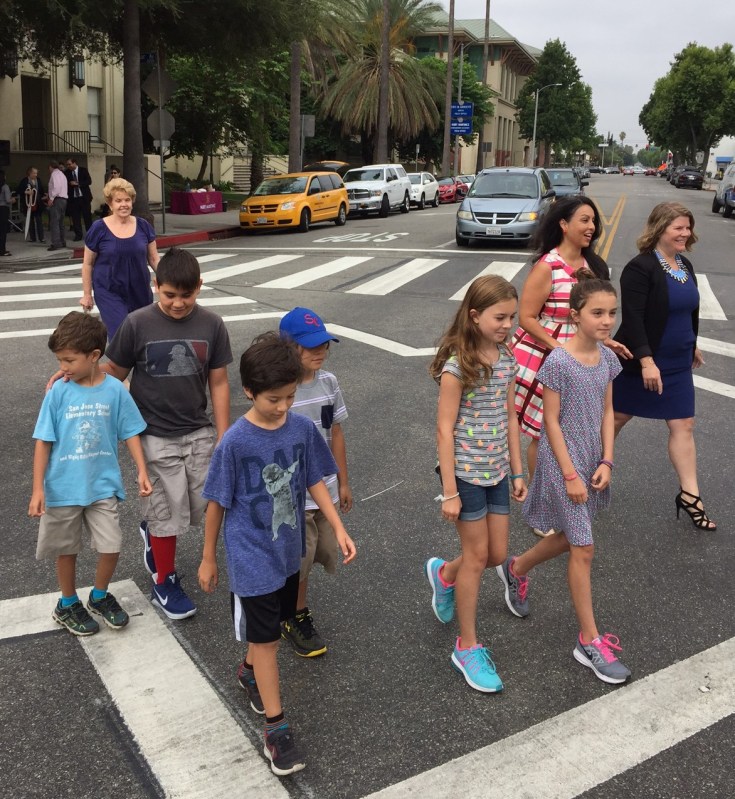 Nury Martinez, Seleta Reynolds and local school kids demonstrate Van Nuys' new diagonal crosswalk. All photos by Joe Linton/Streetsblog L.A.