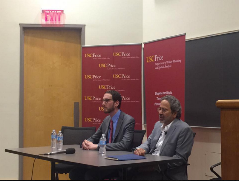 State Senator Scott Wiener and Assemblymember Richard Bloom discuss housing legislation at an event Thursday co-hosted by Abundant Housing L.A. and USC Department of Urban Planning and Spatial Analysis. Photo via Abundant Housing L.A.