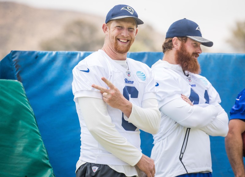 Los Angeles Rams punter Johnny Hekker (6) participates in organized team activities at the team's practice facility on Monday, June 5th, 2017 in Thousand Oaks, CA (Rams/Hiro Ueno),