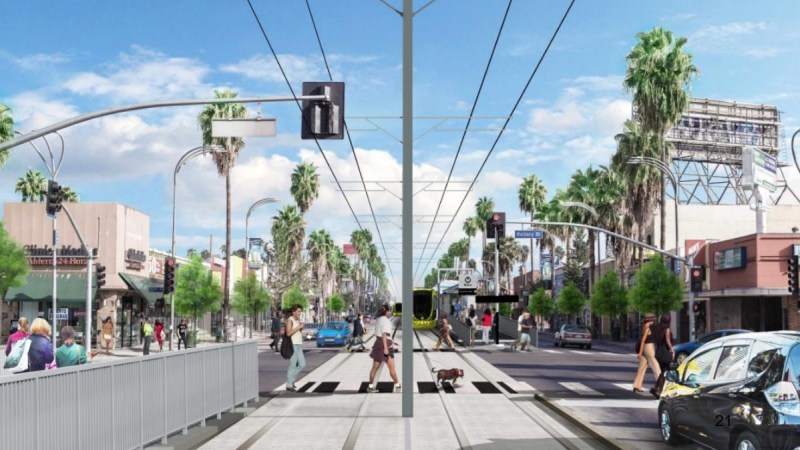 Today Metro's planning committee approved a preferred alternative that would run light rail in the middle of Van Nuys Boulevard. Rendering via Metro