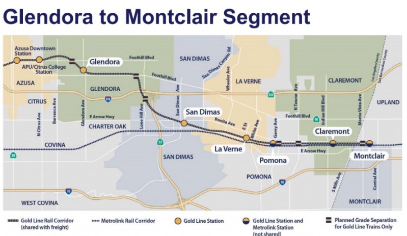 From the east San Gabriel Valley, it's a lot cheaper to ride the Gold Line than to ride the parallel San Bernardino Metrolink Line. Distance-based fares could narrow this disparity. Image via Metro staff report