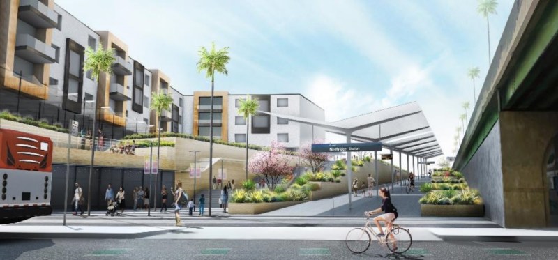 Rendering of potential transit-oriented development at a relocated Northridge Metrolink Station along Reseda Boulevard. Image from Metro staff report