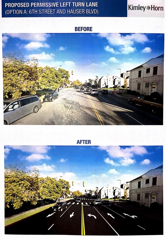 Option A, presented at Saturday's 6th Street meeting, would remove parking to add left turn pockets. Image via meeting handout.