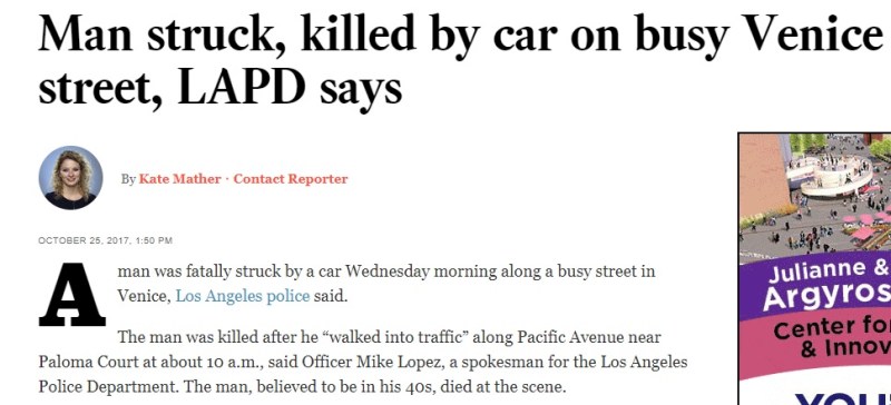 The pedestrian "walked into traffic" - screenshot of L.A. Times