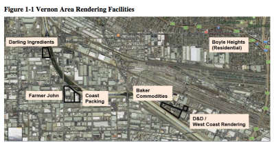 Within the South Coast Air Basin, there are five rendering facilities: Baker
Commodities,
Farmer John/Smithfield Foods, D & D Disposal/West Coast Rendering, Coast
Packing, and Darling Ingredients. Source: AQMD