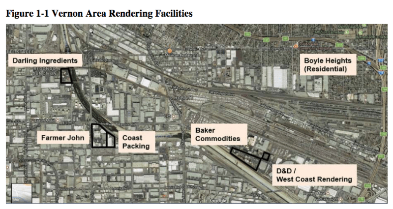 Within the South Coast Air Basin, there are five rendering facilities: Baker
Commodities,
Farmer John/Smithfield Foods, D & D Disposal/West Coast Rendering, Coast
Packing, and Darling Ingredients. Source: AQMD