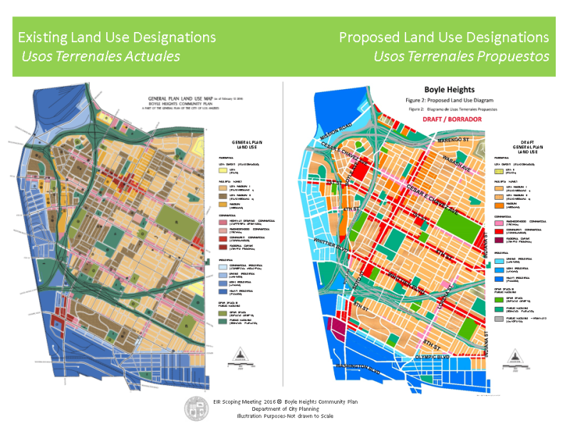 The draft zoning for Boyle Heights (at right) calls for greater density and transit-orientation along Soto, sets pedestrian-oriented guidelines, and looks to see the river district become a hub for biotech and green industries. Source: Department of City Planning