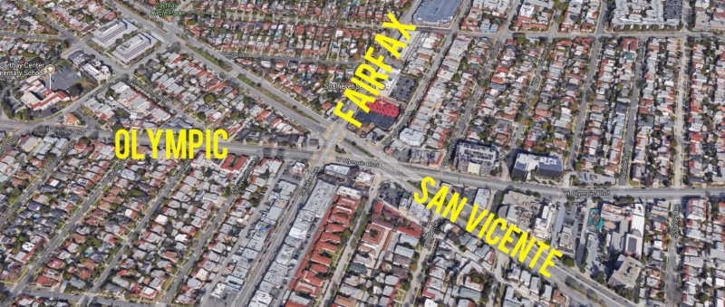 The Fairfax Asterisk is where Fairfax, Olympic, and San Vicente come together. Aerial via Google maps