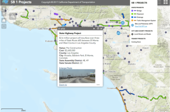 Caltrans' interactive map of projects funded by S.B. 1, here showing a resurfacing project through Arcadia, Baldwin Park, El Monte, and Irwindale.