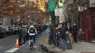 Protesters formed a human chain to protect the bike lane where a truck driver struck and killed Emily Fredricks. Photo: Rebuilding the Rust Belt